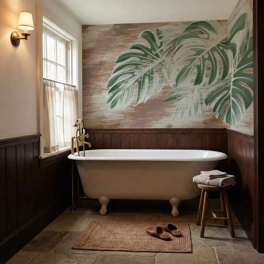 murales de pared Hojas verdes sobre una base abstracta de textura cálida. w05130v3