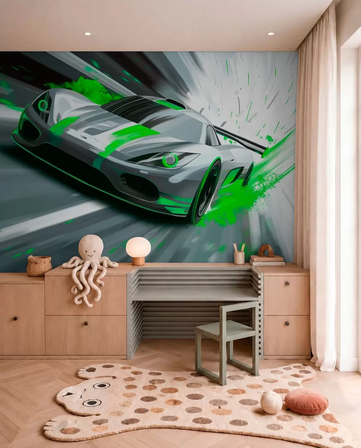murales de pared Coche deportivo dinámico con estilo de dibujo digital y detalles en verde. w05069v4