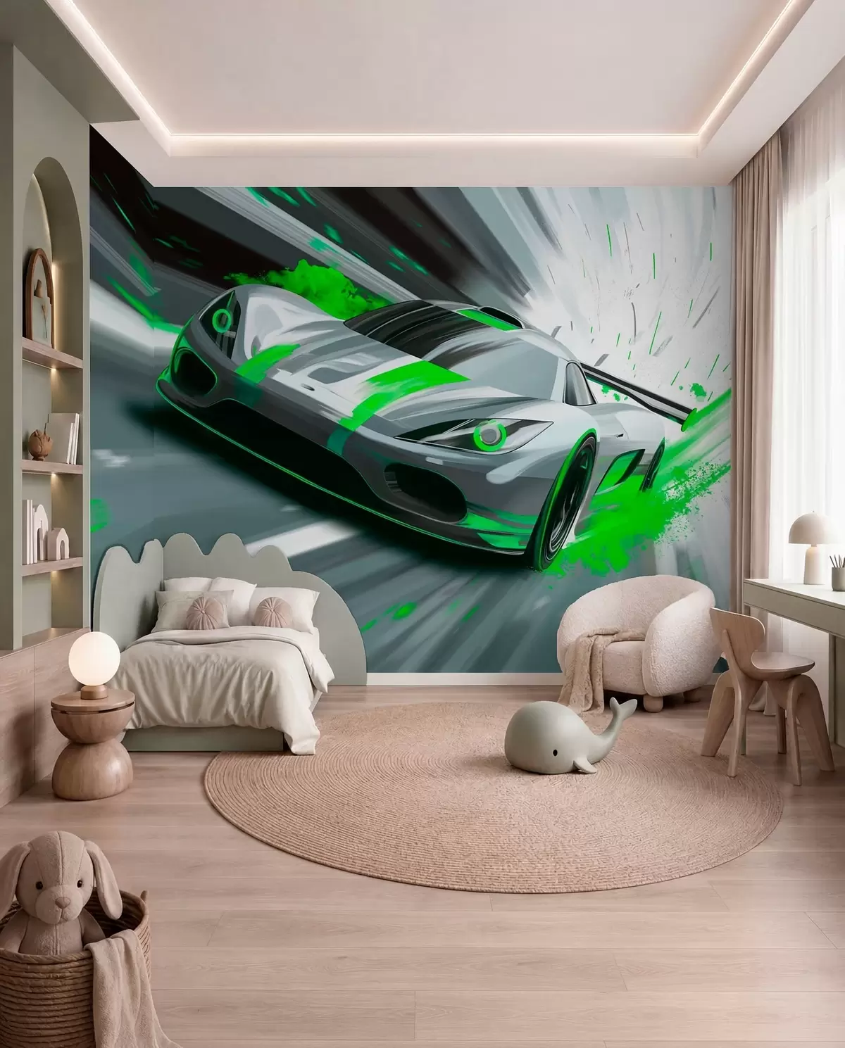 murales de pared Coche deportivo dinámico con estilo de dibujo digital y detalles en verde. w05069v4