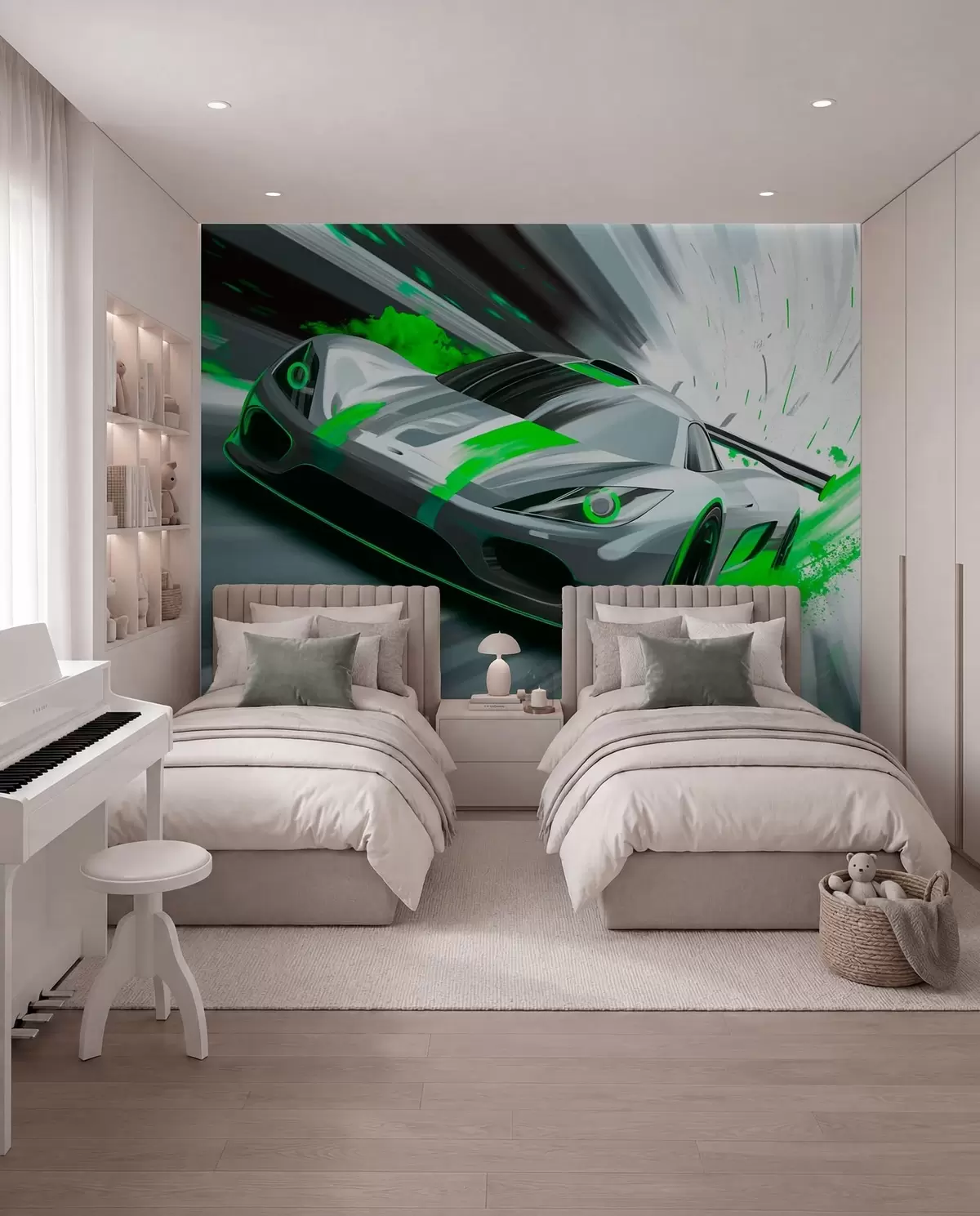murales de pared Coche deportivo dinámico con estilo de dibujo digital y detalles en verde. w05069v4