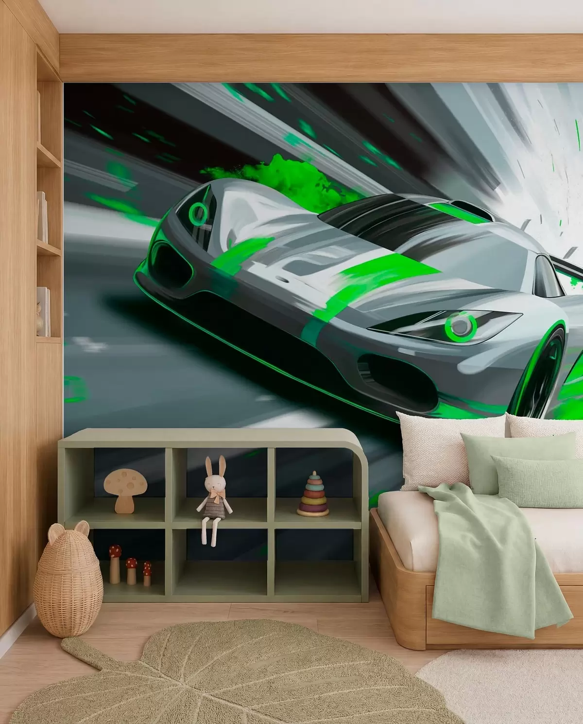murales de pared Coche deportivo dinámico con estilo de dibujo digital y detalles en verde. w05069v4