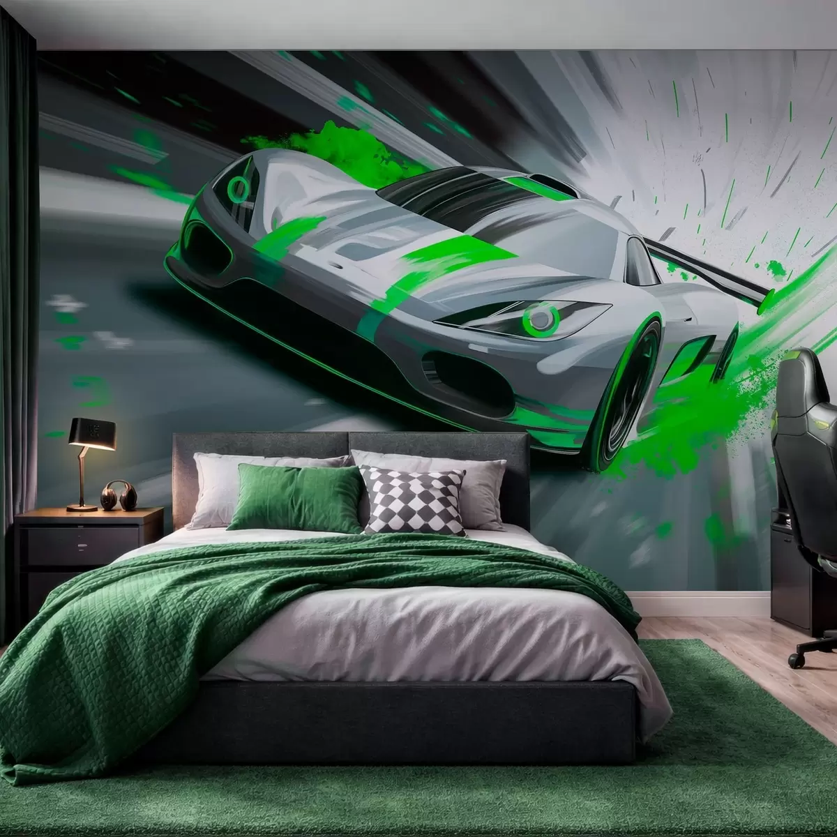 murales de pared Coche deportivo dinámico con estilo de dibujo digital y detalles en verde. w05069v4