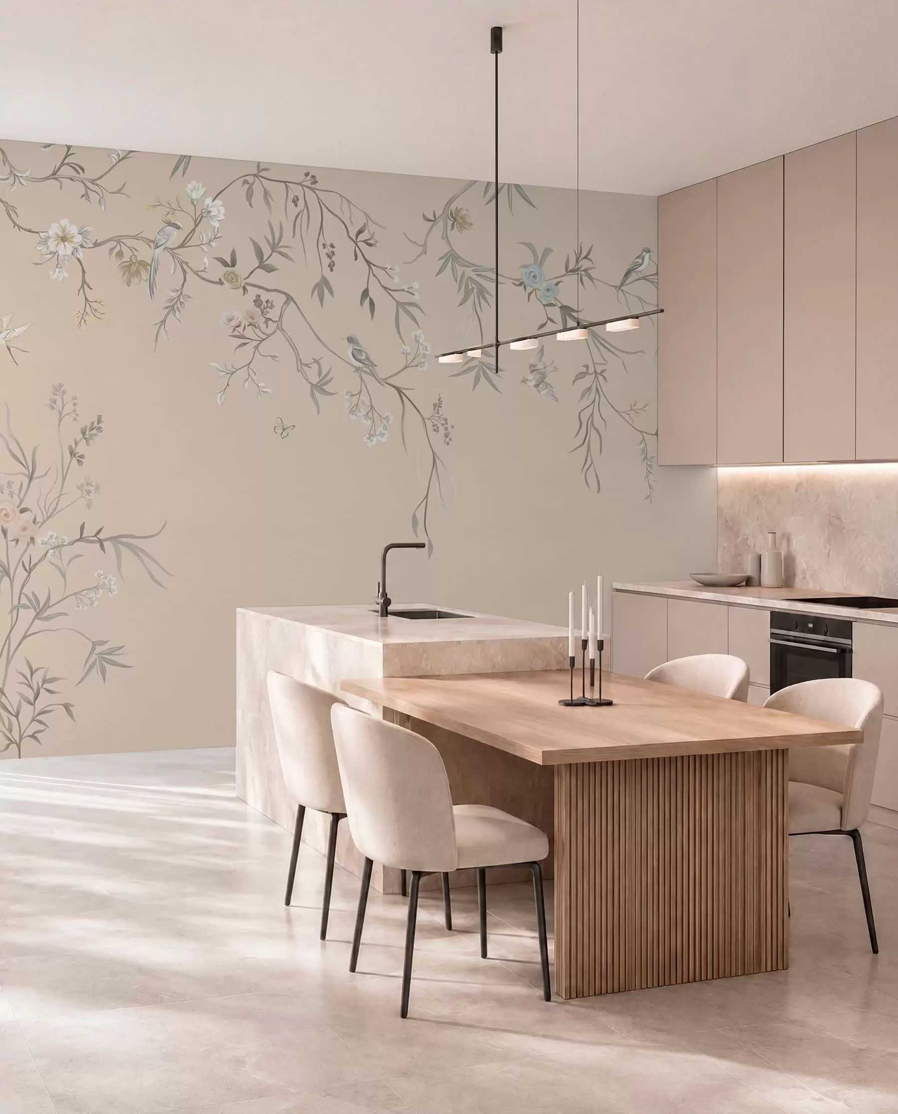 murales de pared Ramas florales con pájaros sobre un fondo beige cálido w05127v1