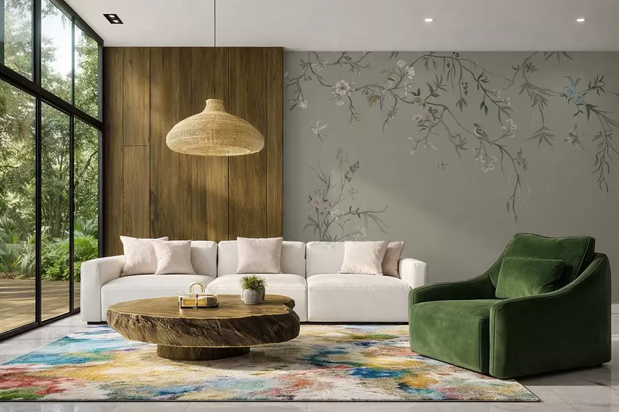 murales de pared Diseño floral con pájaros sobre fondo fresco w05127v6