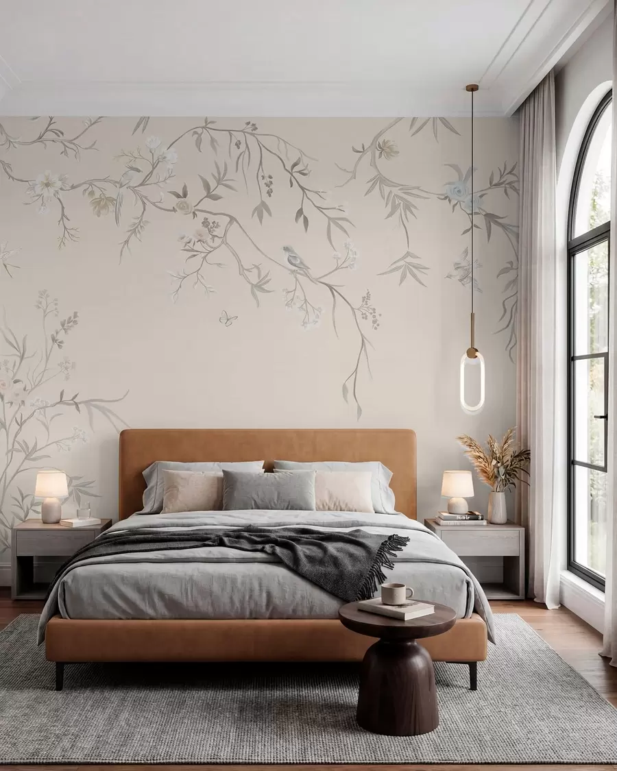 murales de pared Ramas y aves sobre marfil w05127v7