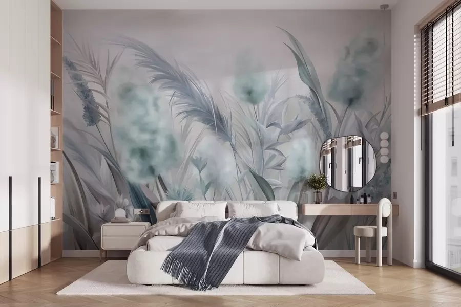 murales de pared Hierba de la pampa azul y gris y otras flores secas con un cielo suave y brumoso al fondo. w09635v1