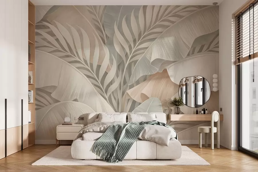 murales de pared Grandes hojas tropicales en tonos melocotón y turquesa apagado. w05062