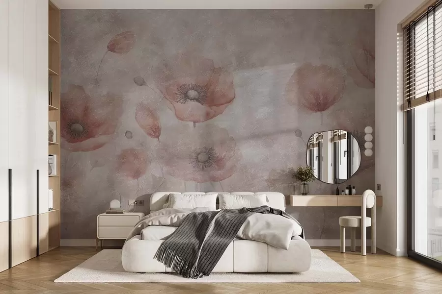 murales de pared Grandes flores de amapola en una pared con efecto antiguo. w09686
