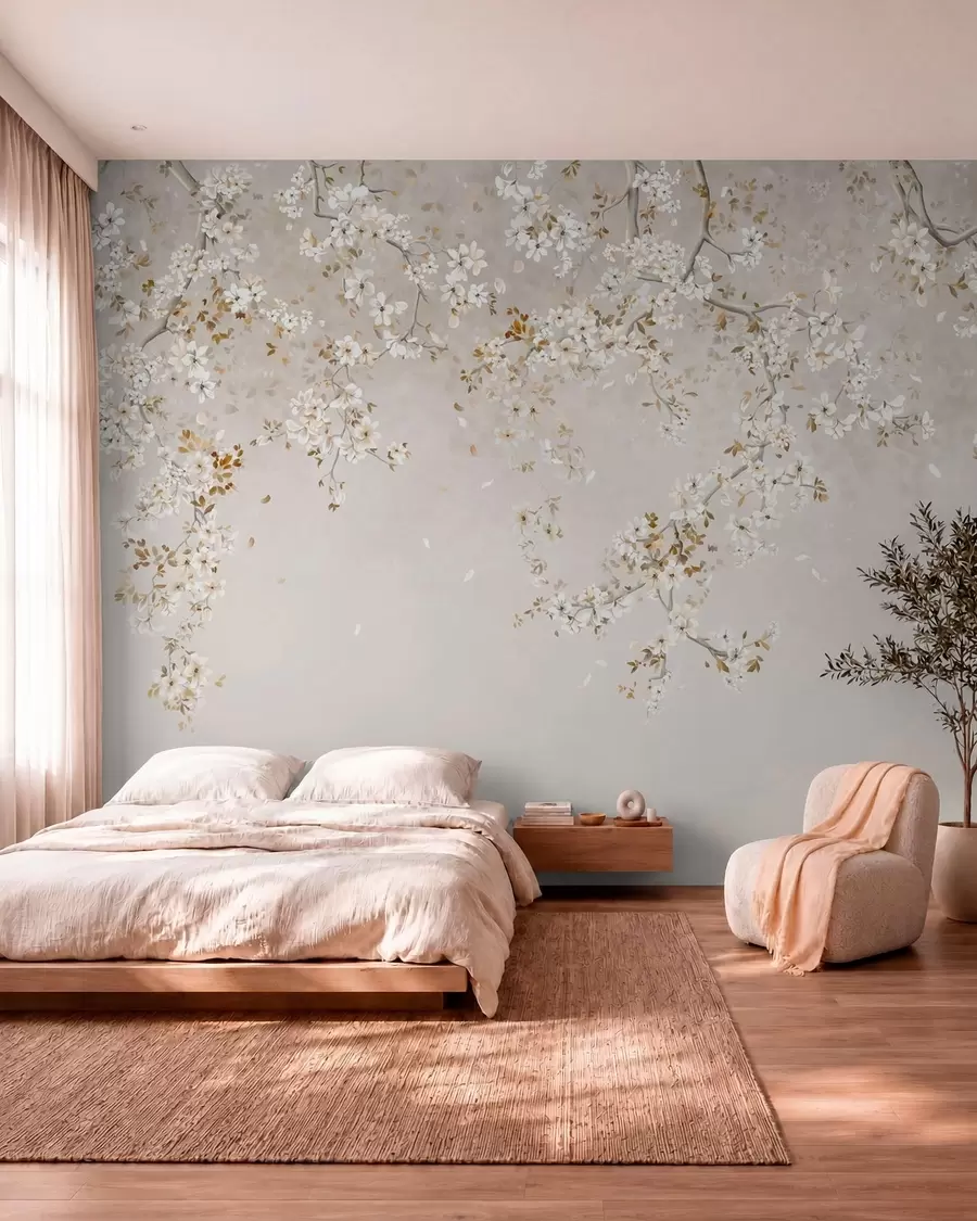 murales de pared Ramas con flores blancas sobre un fondo beige suave. w05129