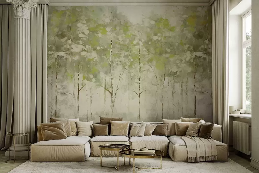 murales de pared Bosque estilizado con árboles esbeltos en tonos verdes. w05221v1