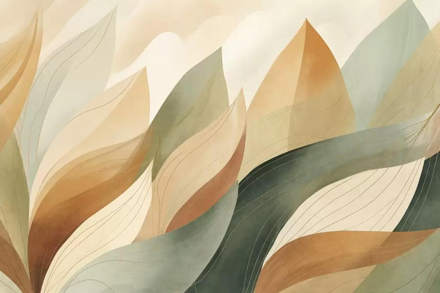 murales de pared Hojas abstractas, tonos tierra apagados de verde y naranja con delicados detalles lineales, textura suave de acuarela. w09736