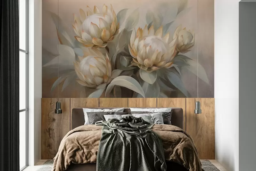 murales de pared Flores de protea con textura, hojas verdes y un fondo suave y difuminado. w09738