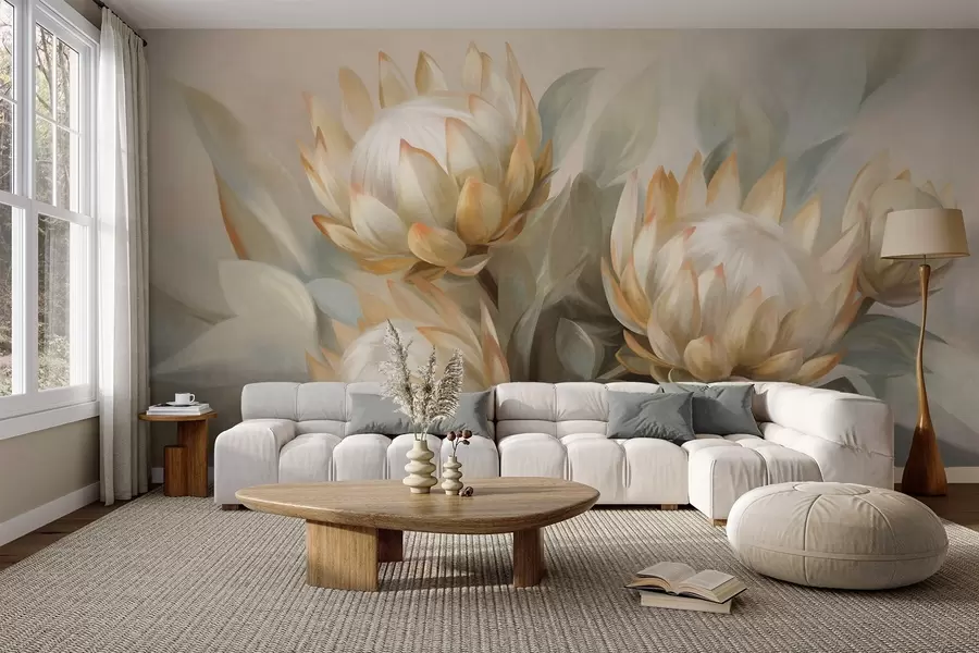 murales de pared Flores de protea con textura, hojas verdes y un fondo suave y difuminado. w09738