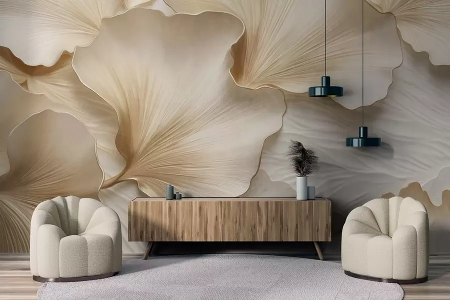 murales de pared Pétalos de hojas de ginkgo texturizados, de color beige y blanco, con un delicado estampado orgánico. w09741