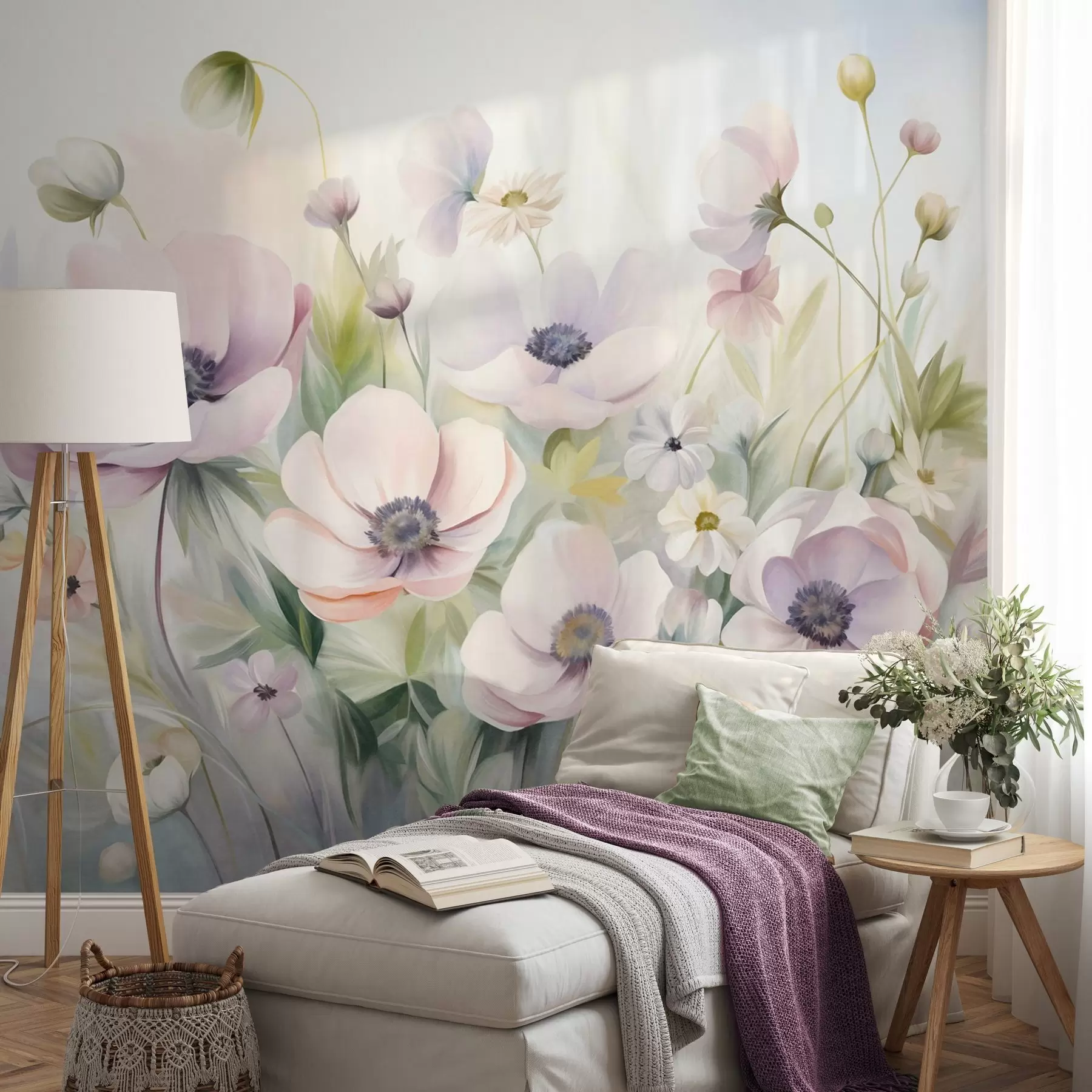 murales de pared Un campo de flores de anémona en tonos rosa pastel y blanco, follaje verde y pequeñas margaritas blancas. w09742