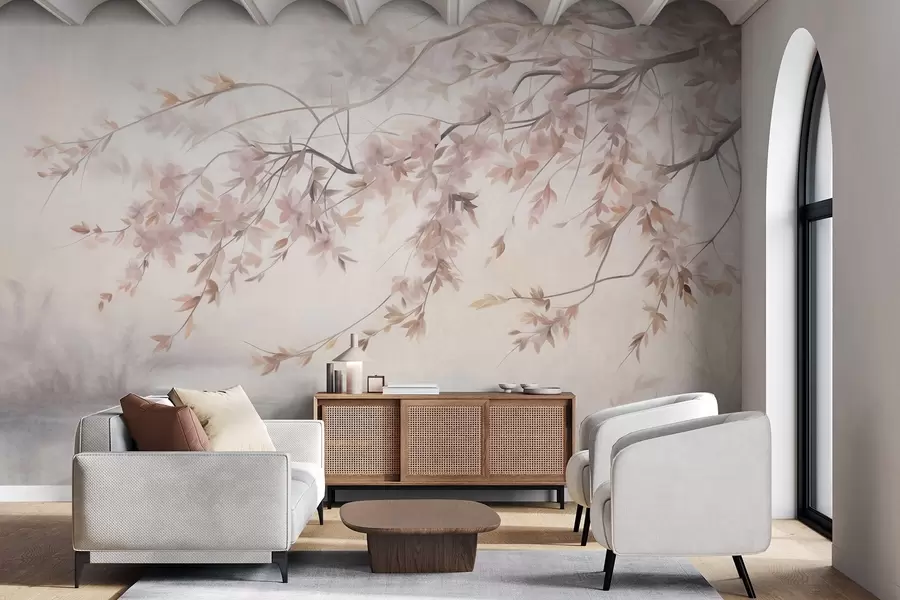 murales de pared Paisaje texturizado con rama de cerezo en flor, hojas rosadas y fondo suave y brumoso. w09743