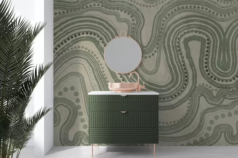 murales de pared Líneas onduladas y puntos abstractos en verde y beige, arte moderno con textura. w09747