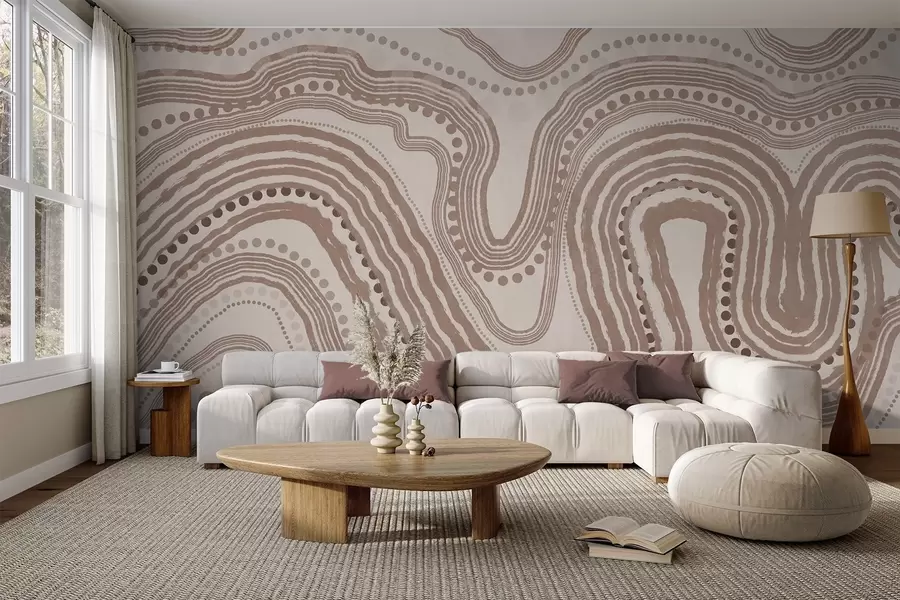 murales de pared Líneas onduladas y puntos abstractos en marrón y beige, arte moderno con textura. w09747v1