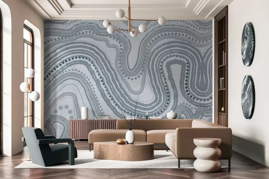 murales de pared Líneas onduladas y puntos azules abstractos, arte moderno con textura. w09747v3