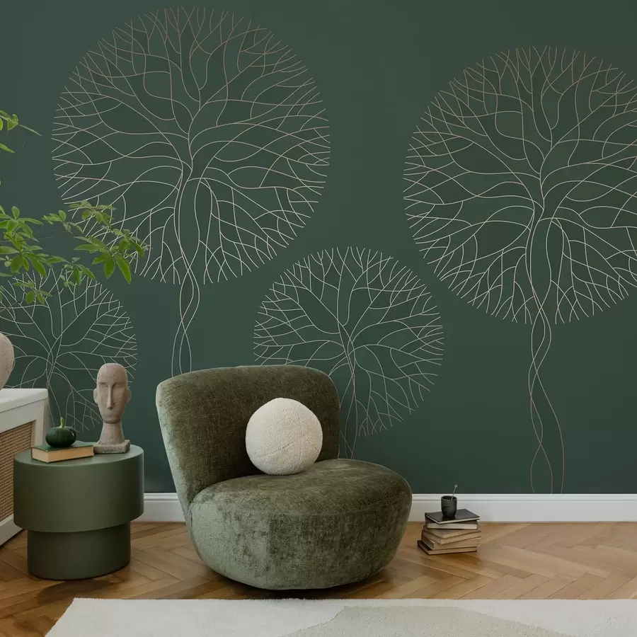 murales de pared Árboles lineales fantásticos con copas frondosas en elegantes tonos verde oscuro. w05213v2