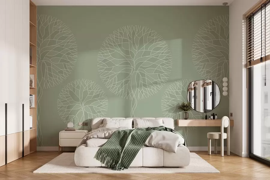 murales de pared Árboles lineales fantásticos con copas frondosas en tonos verde claro. w05213v6