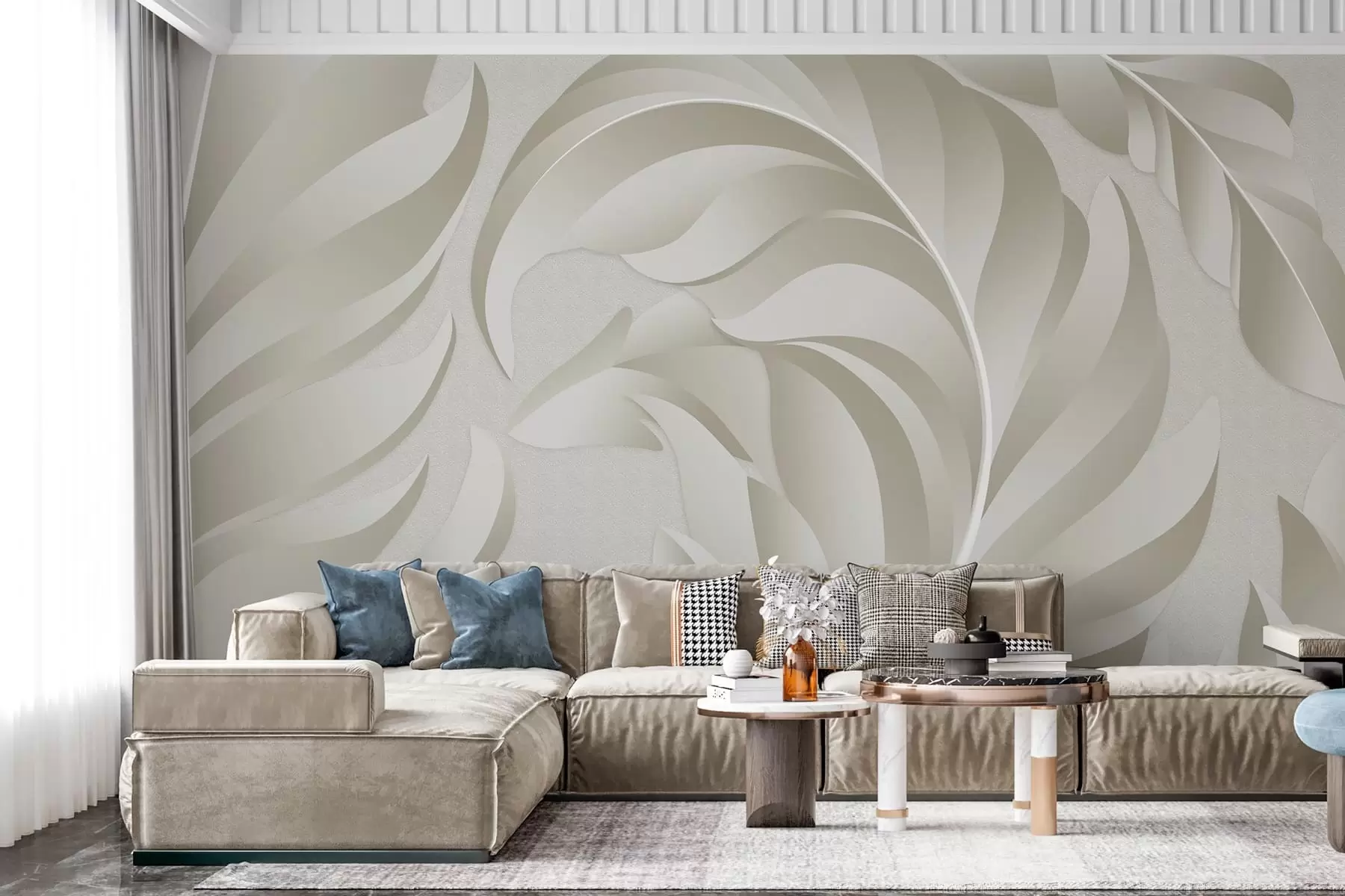 murales de pared Plumas grandes con textura en tonos beige y oliva. w05231v1