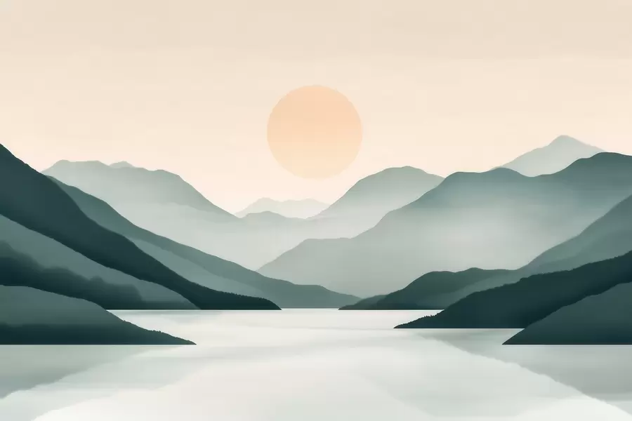 murales de pared Tranquilo paisaje montañoso con el sol sobre el lago w09735