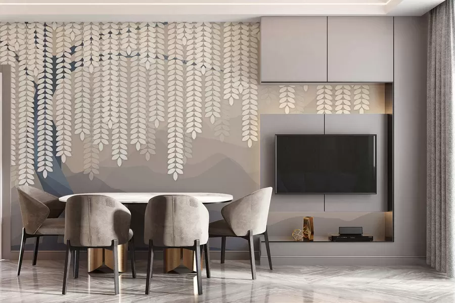 murales de pared Sauce estilizado con hojas colgantes sobre un fondo de montañas minimalistas en tonos beige y azul verdoso. w05232