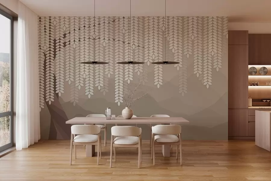 murales de pared Sauce estilizado con hojas colgantes sobre un fondo de montañas minimalistas en tonos café. w05232v2