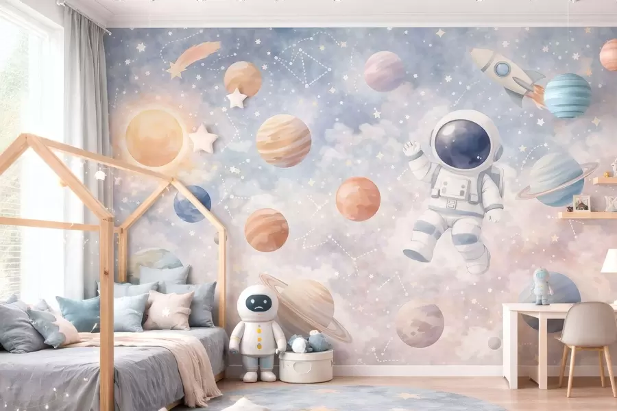 murales de pared Un pequeño astronauta entre planetas y estrellas. w05233