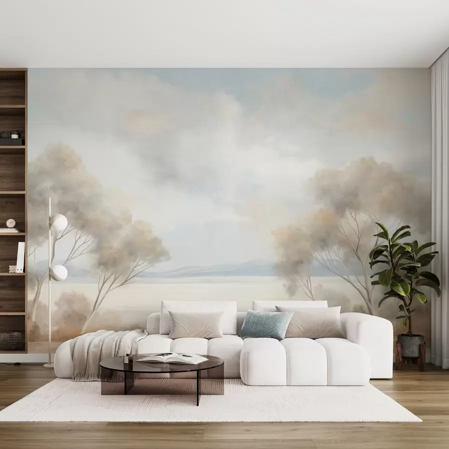 murales de pared Un estilo de pintura con textura paisajística con árboles bajo un cielo nublado. w09753