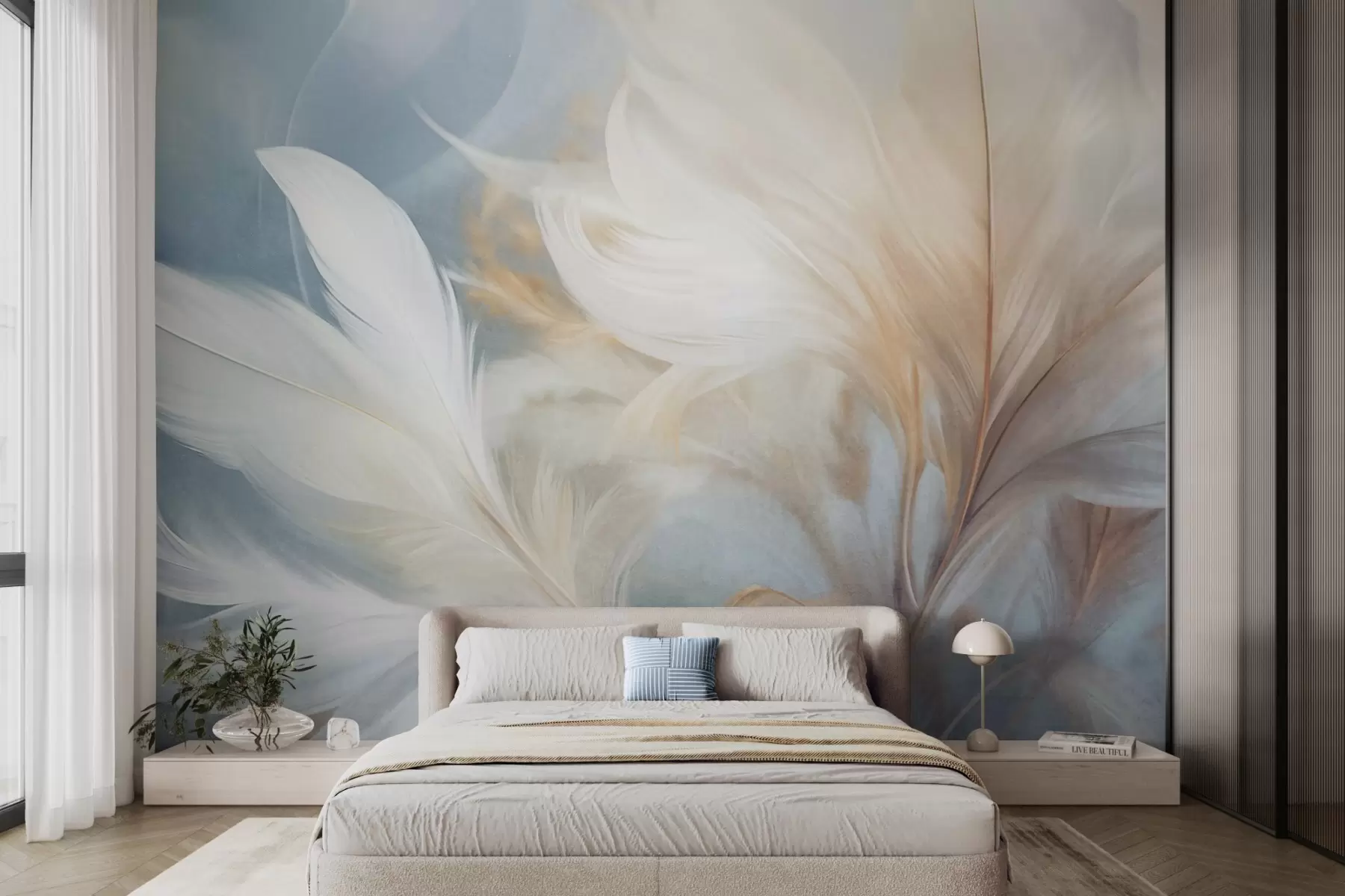 murales de pared Plumas blancas suaves y texturizadas y hierba de la pampa difuminada con fondo azul y blanco. w09758