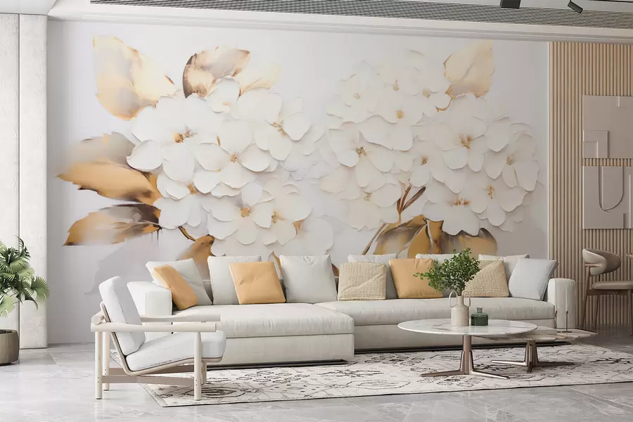 murales de pared Lujosas hortensias con hojas amarillas w09711