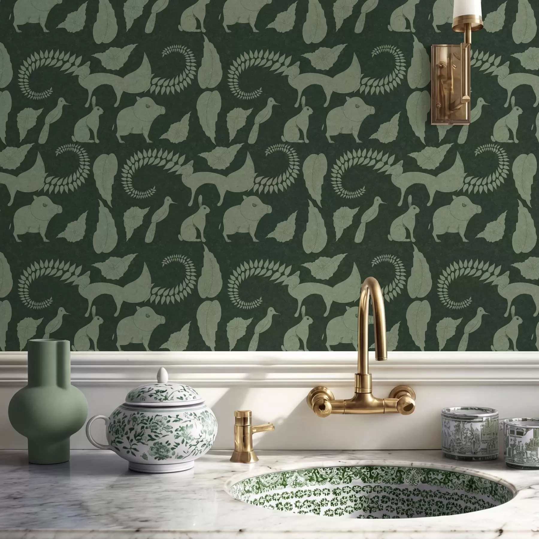 murales de pared Diseño forestal con animales sobre fondo verde a01121v1