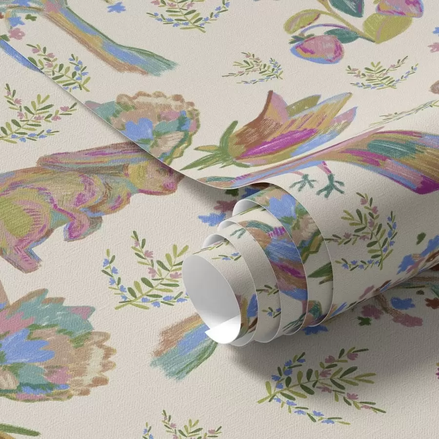 murales de pared Colorido estampado infantil con pájaros y conejos. a01127