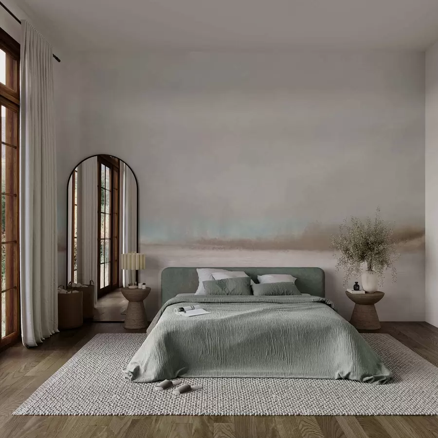 murales de pared Paisaje brumoso con lago y bosque w05319