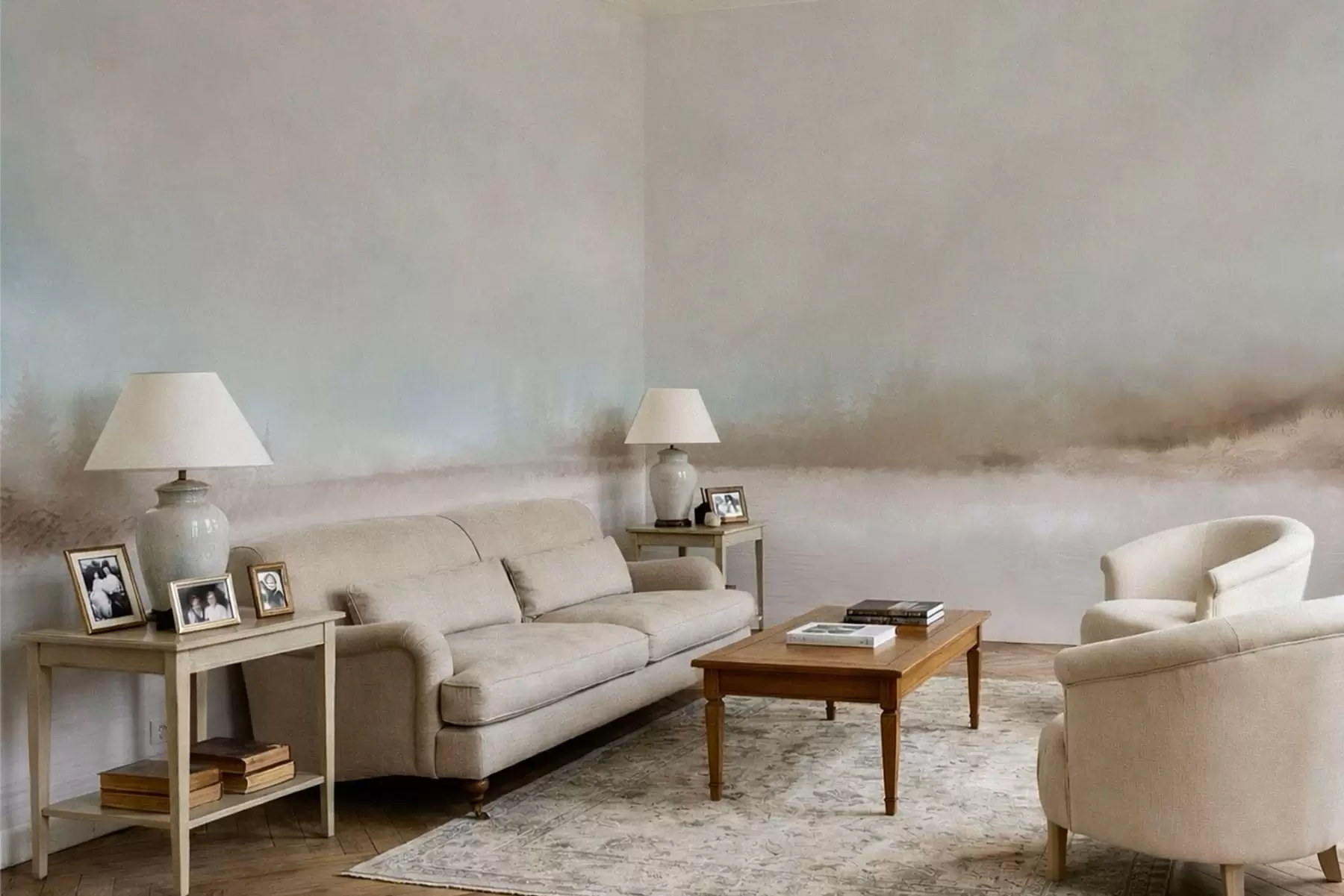 murales de pared Paisaje brumoso con lago y bosque w05319