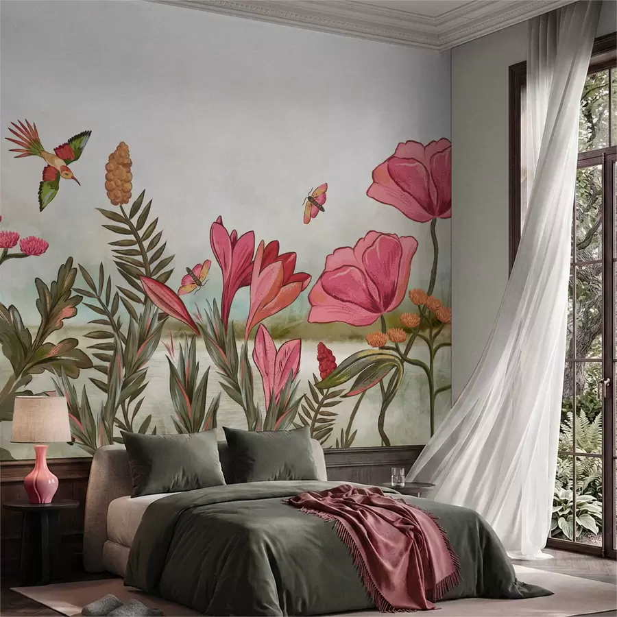 murales de pared Flores brillantes con pájaros y mariposas w05321