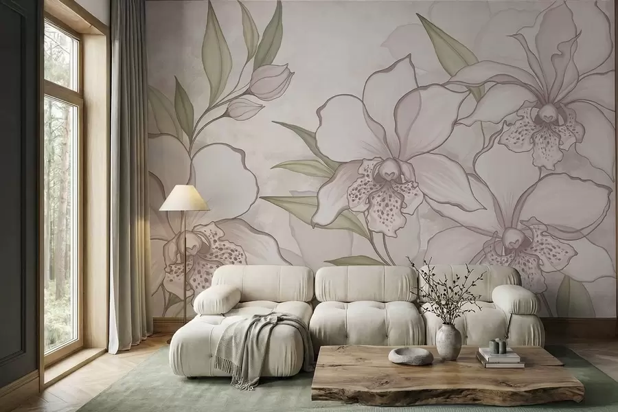 murales de pared Ilustración de orquídeas pálidas con hojas sobre fondo beige. w05117