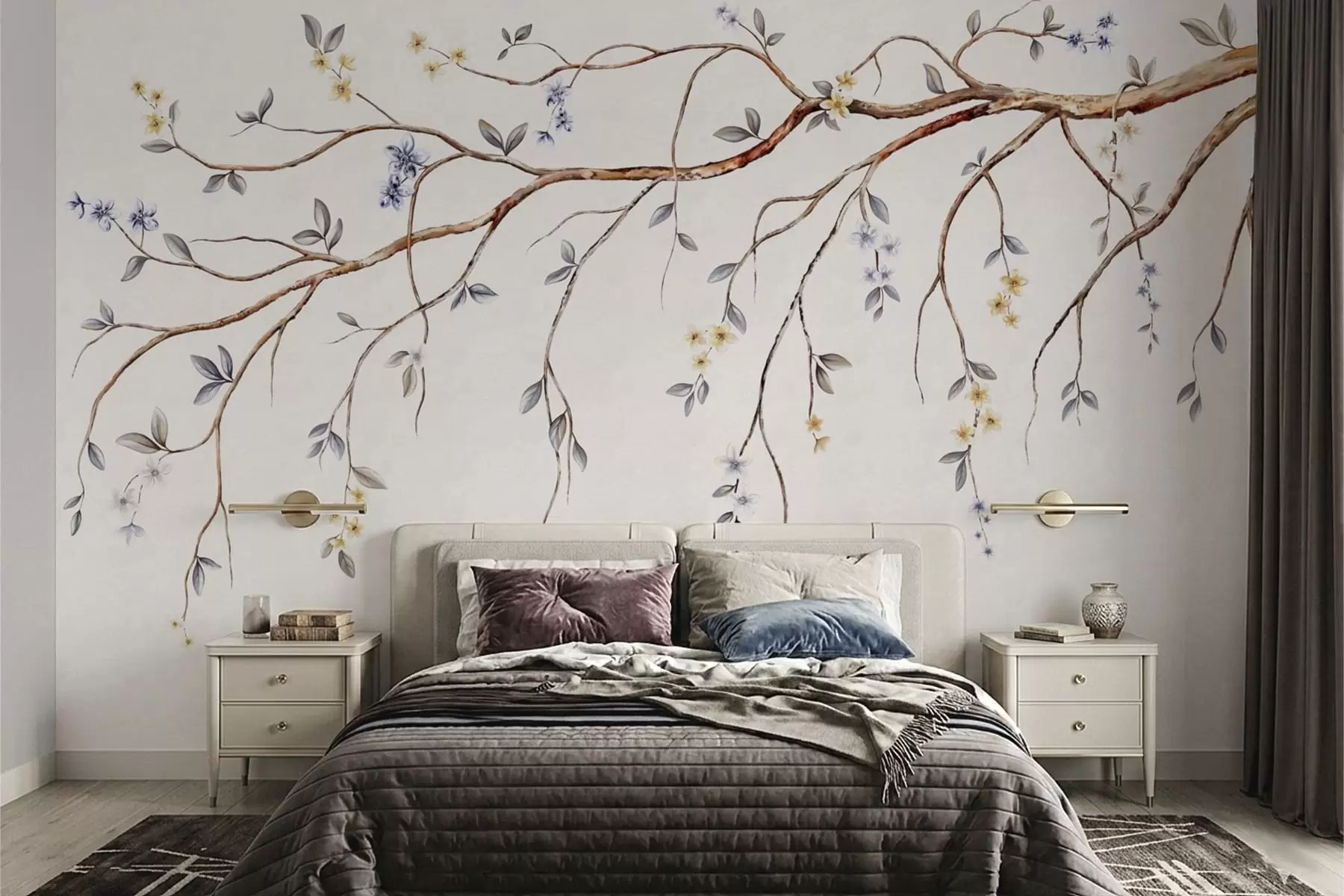 murales de pared Ramas delgadas con pequeñas flores sobre fondo claro. w05145