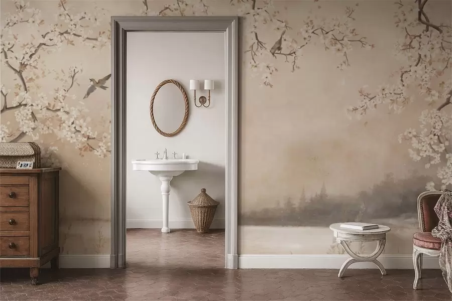 murales de pared Delicadas ramas en flor junto al lago con pájaros en una ligera niebla. w05155