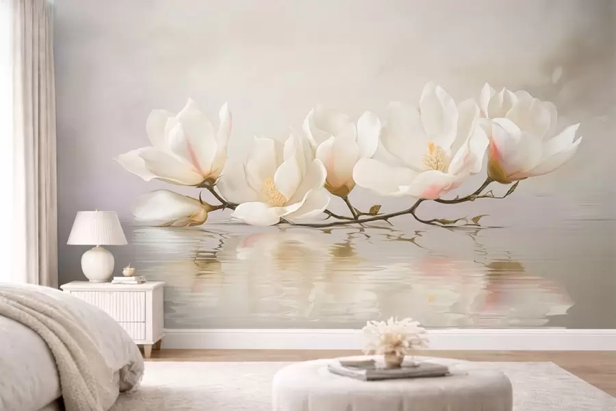 murales de pared Ligeras flores de magnolia en una rama sobre el reflejo del agua. w05353