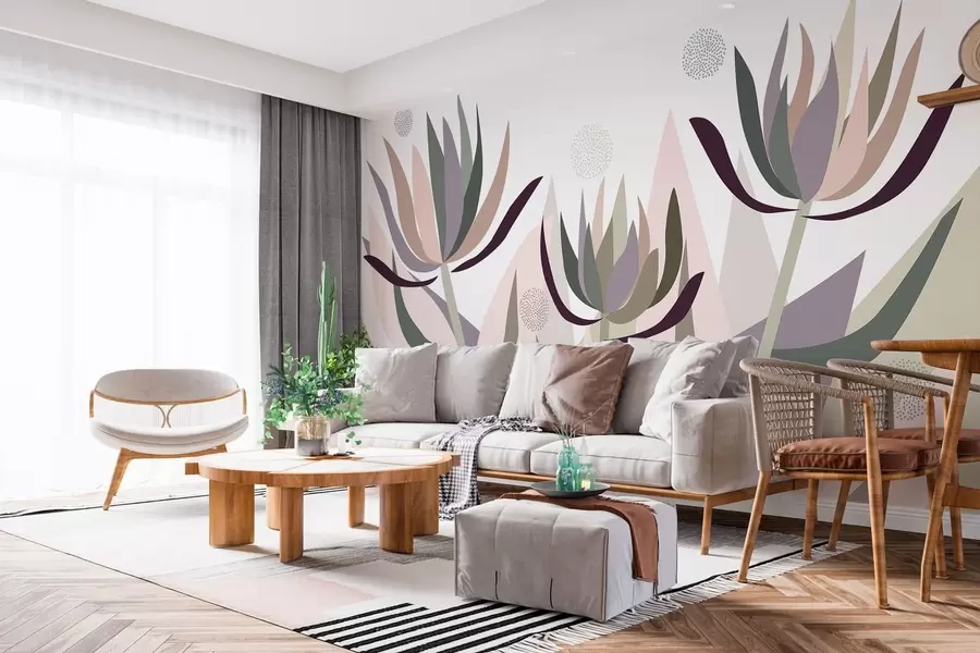 murales de pared flores de protea estilizadas en estilo primitivo w05236