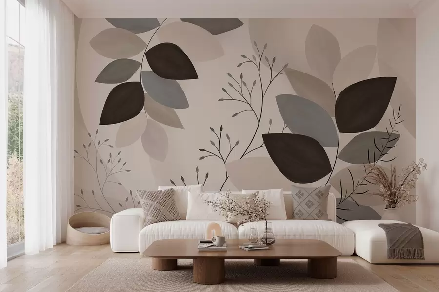 murales de pared hojas y hierbas en tonos beige, gris y marrón w05237