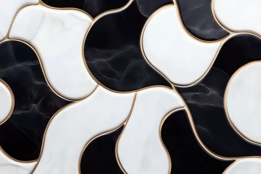 murales de pared Imitación abstracta de una composición de mármol en tonos blancos y negros con líneas amarillas w09733