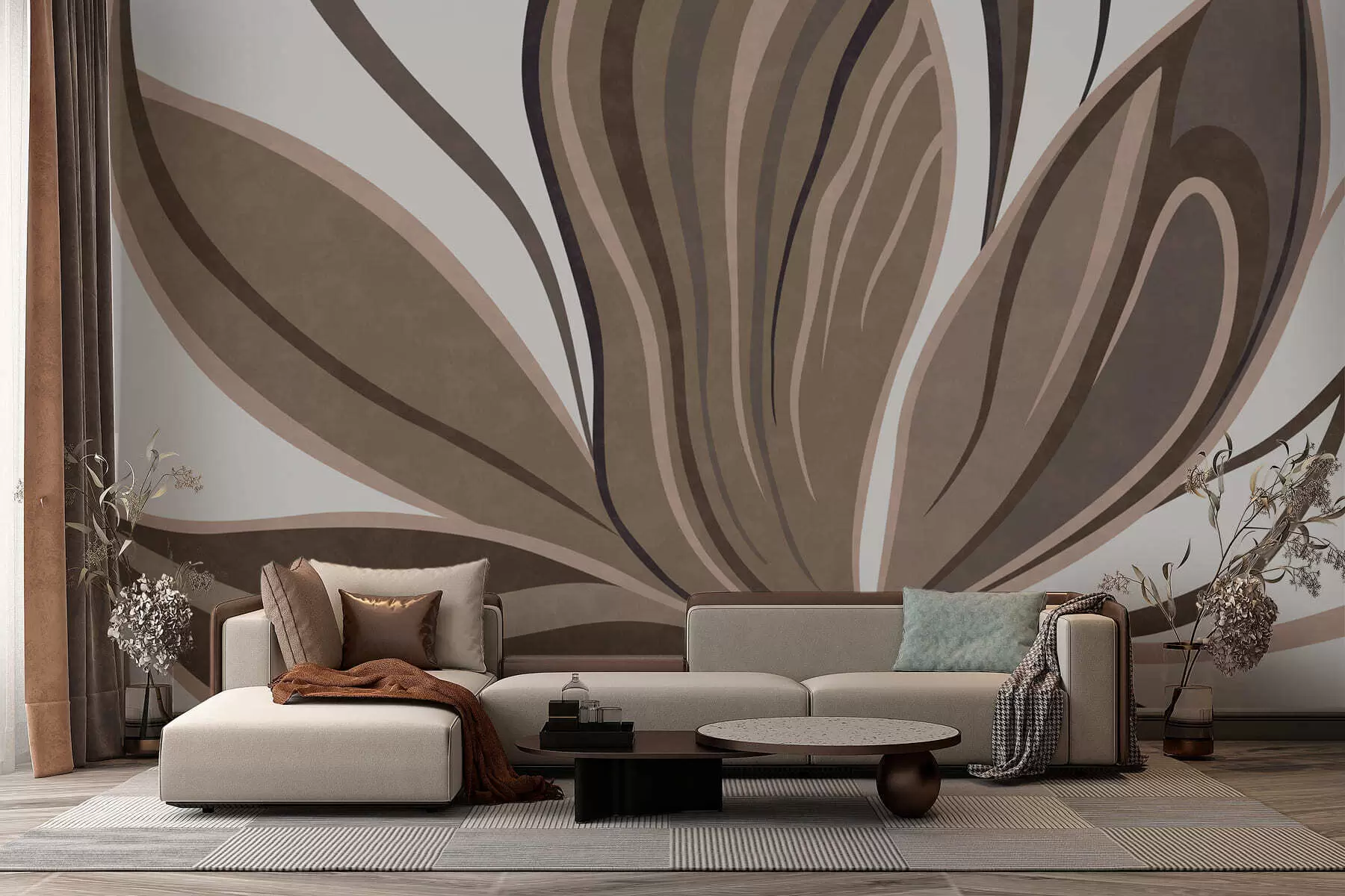 murales de pared Flor estilizada con líneas fluidas en tonos marrones w05147