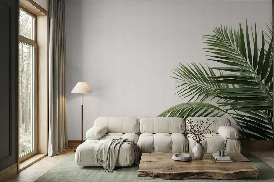 murales de pared Hojas de palmera verdes sobre un fondo claro w05391