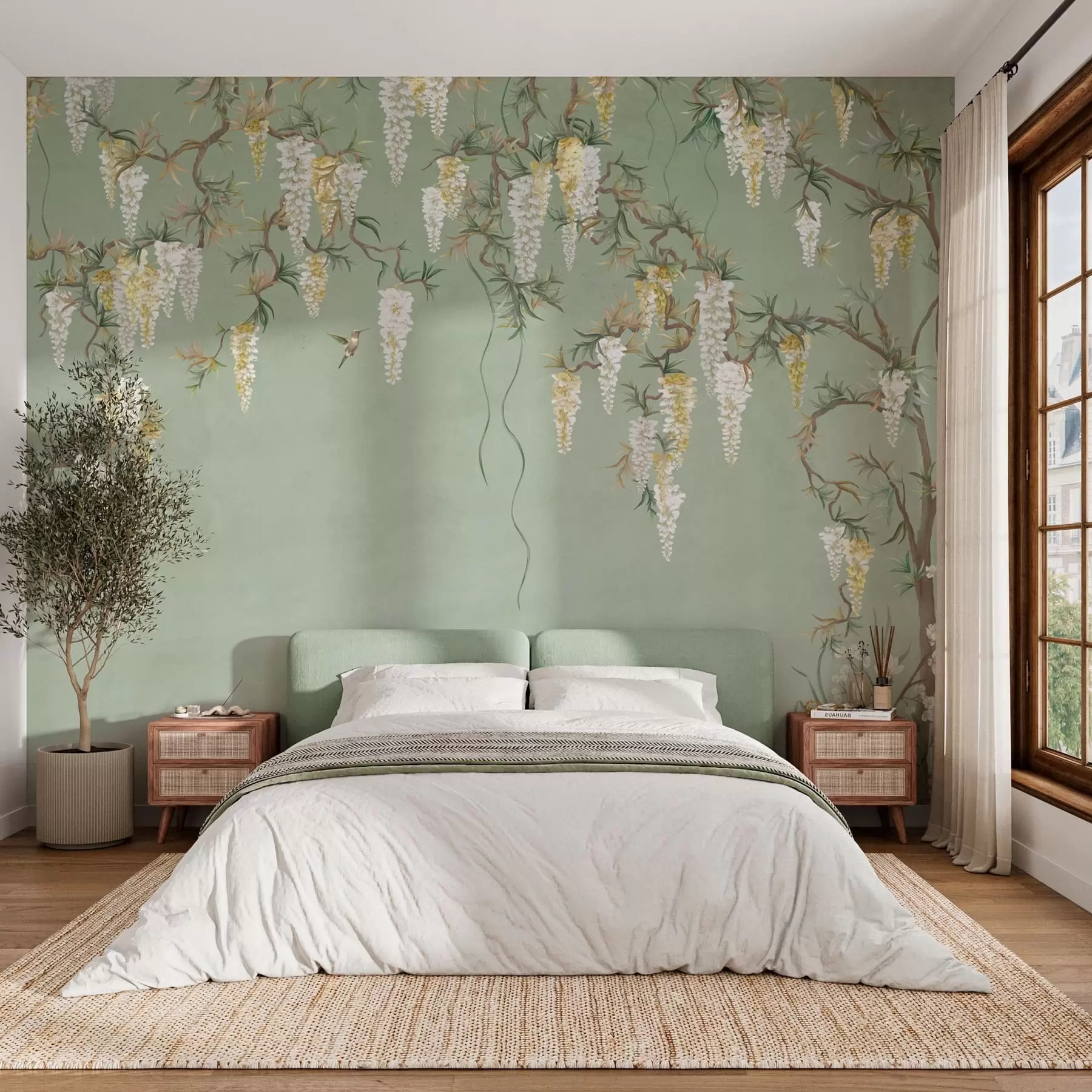 murales de pared Ramas en flor con flores blancas y pájaros sobre un fondo verde w05394