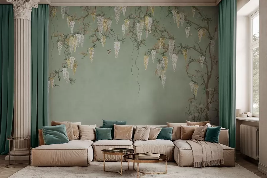 murales de pared Ramas en flor con flores blancas y pájaros sobre un fondo verde w05394