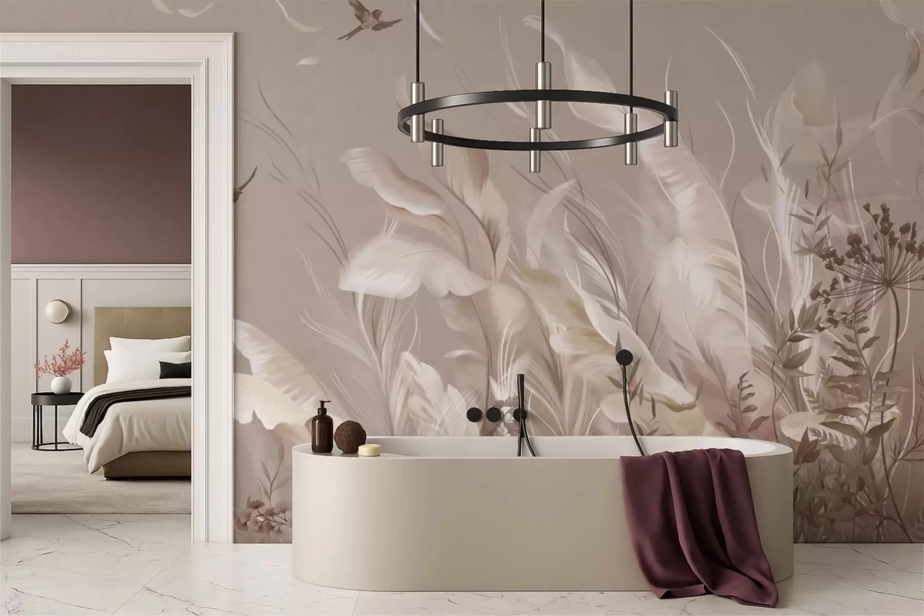 murales de pared Plumas y plantas ligeras con pájaros en tonos pastel w05395v1